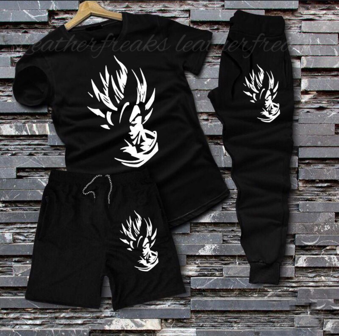 Black Goku Printed Cotton Half Sleeves O Neck Tshirt & Trouser Tracksuit For Men & Boys