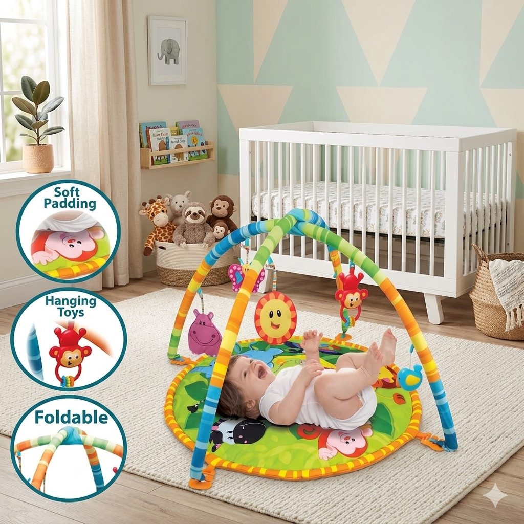 3 In 1 Newborn Baby Toddler, play mat for kids, Baby Gym, Fitness Rack Mat, playing mat for babies, Fitness Rack with Hanging Rattles, Music & Light