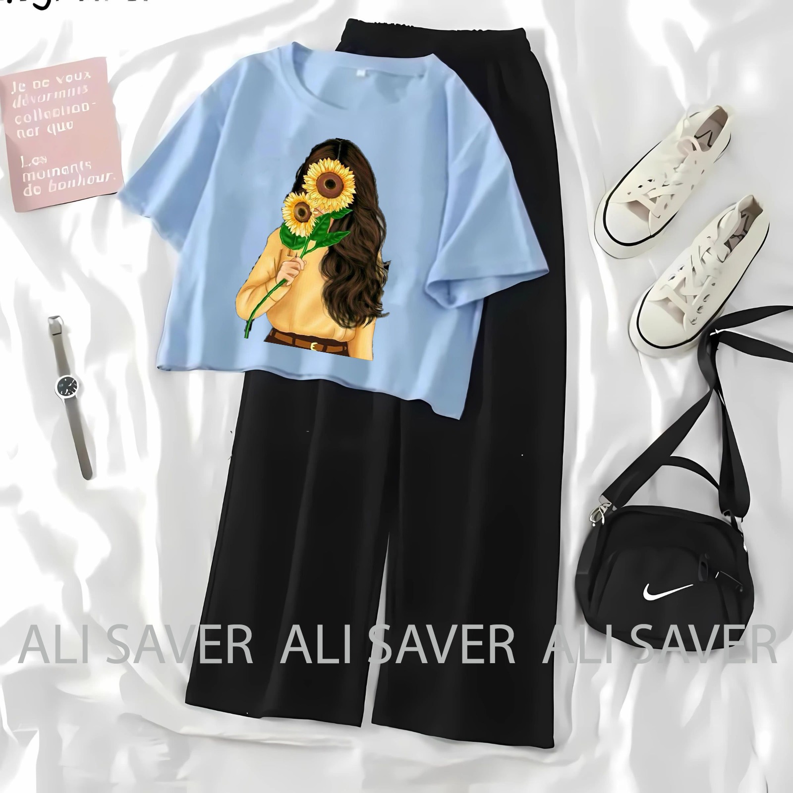 ALISAVER-Crop Top Casual Suit For Women and Girls High Quality Tshirt and Black Flapper
