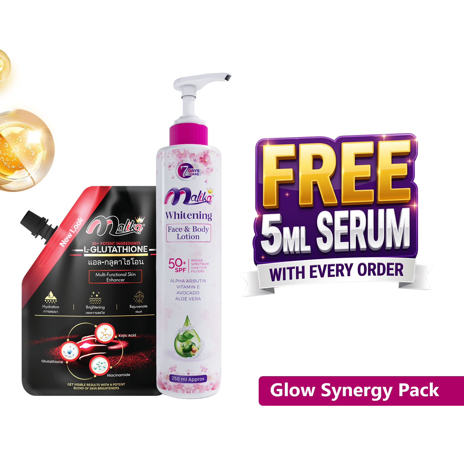Glow Synergy Pack - Quick Skin Healing Malika Brightening Face & Body Lotion - Overnight Results Malika - Body Lotion - Emulsion - Whitening Cream - Quick Skin Healing Cream - Family Budget - Protects Against Dullness - Best Duo