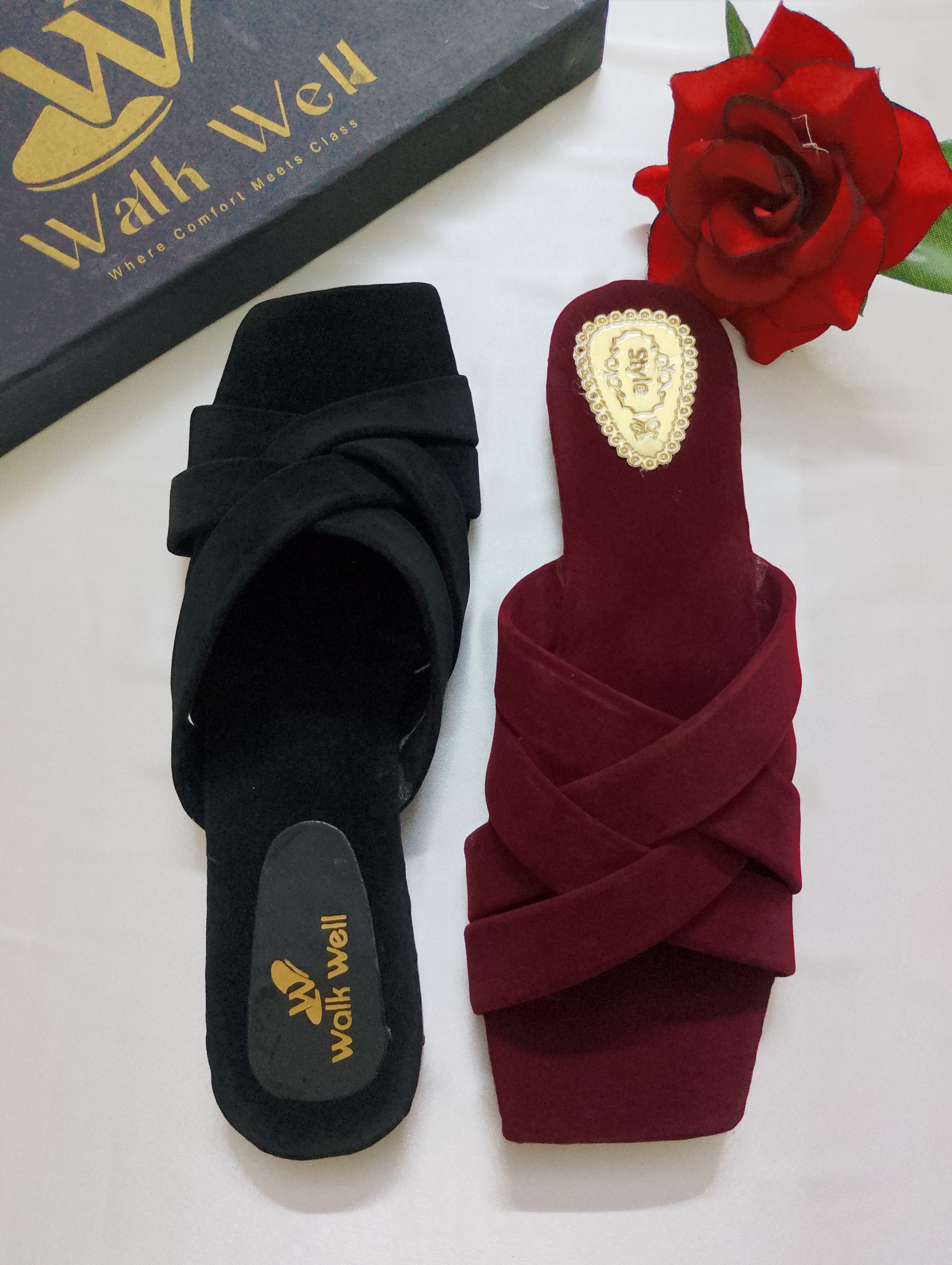 Ladies Black Velvet Slippers for Women Fancy Cross Strap Flat Sandals