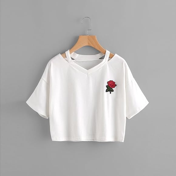 Trendy Women's Loose-Fit Crop Top with Printed Rose
