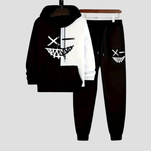 REVIBE - Black & White Trendy Printed Tracksuit For Men - Hoodies For Men