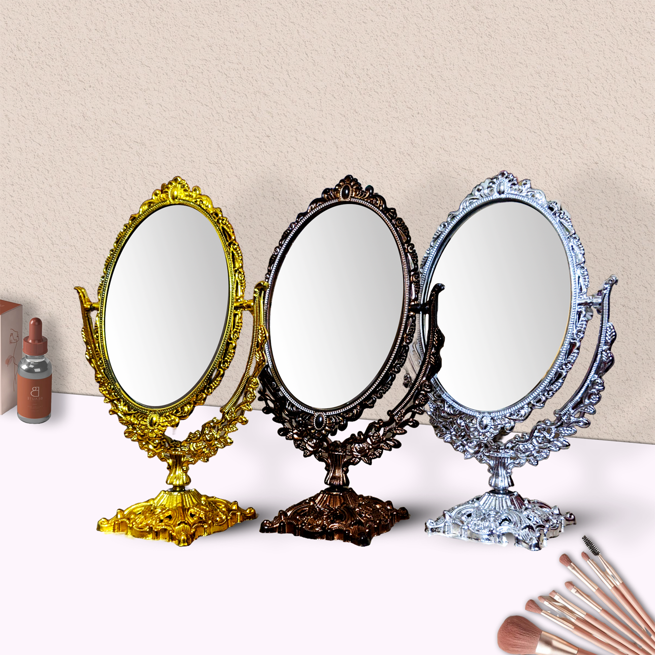 Retro makeup beauty mirror in the European style, Beautiful selfie mirror for girl with a circle shape, Dressing mirror 28cm hight for dorm bedroom mirror