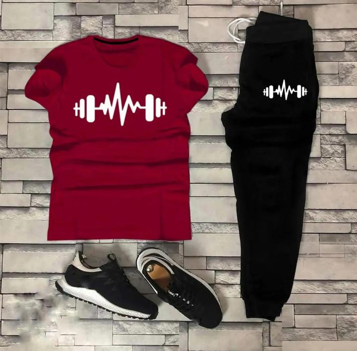 STYLISH DUMBELL Tag Printed Summer Tracksuit For Men & Boys Tee-shirt with trousers New Design Round Neck Half Sleeves T Shirts Top Quality Gym Wear/Casual and comfortable Pair T-Shirt and Trouser