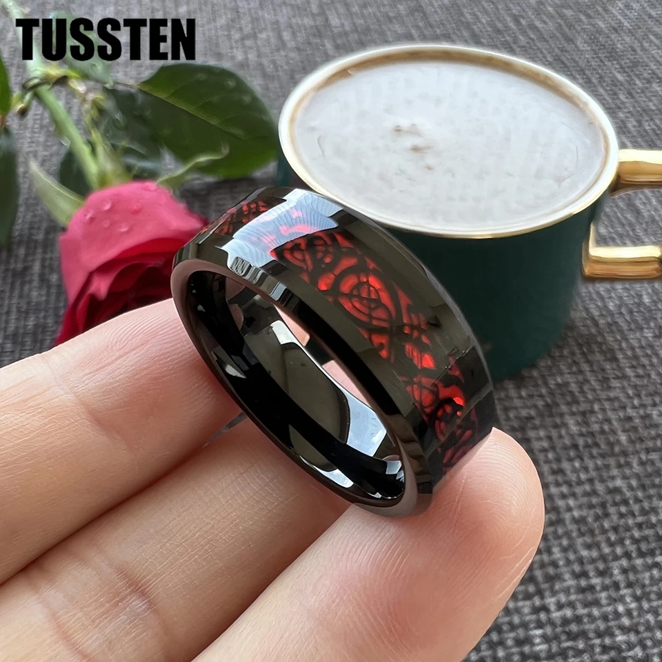 Men's Women's 8mm Tungsten Carbide Ring Classic Wedding Band With Carbon Fiber And Dragon Inlay Comfort Fit