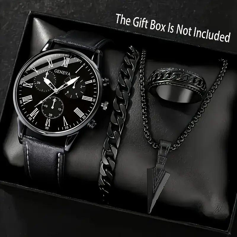 4pcs Men's Casual Business Watch Set - Black Faux Leather Quartz Wristwatch with Roman Numerals, Date Display, Battery Operated, Paired with Stylish Arrow Pendant Necklace, Bracelet, and Ring - Ideal Gift for Father's Day, Valentine's, Ramadan, Easter, Bi