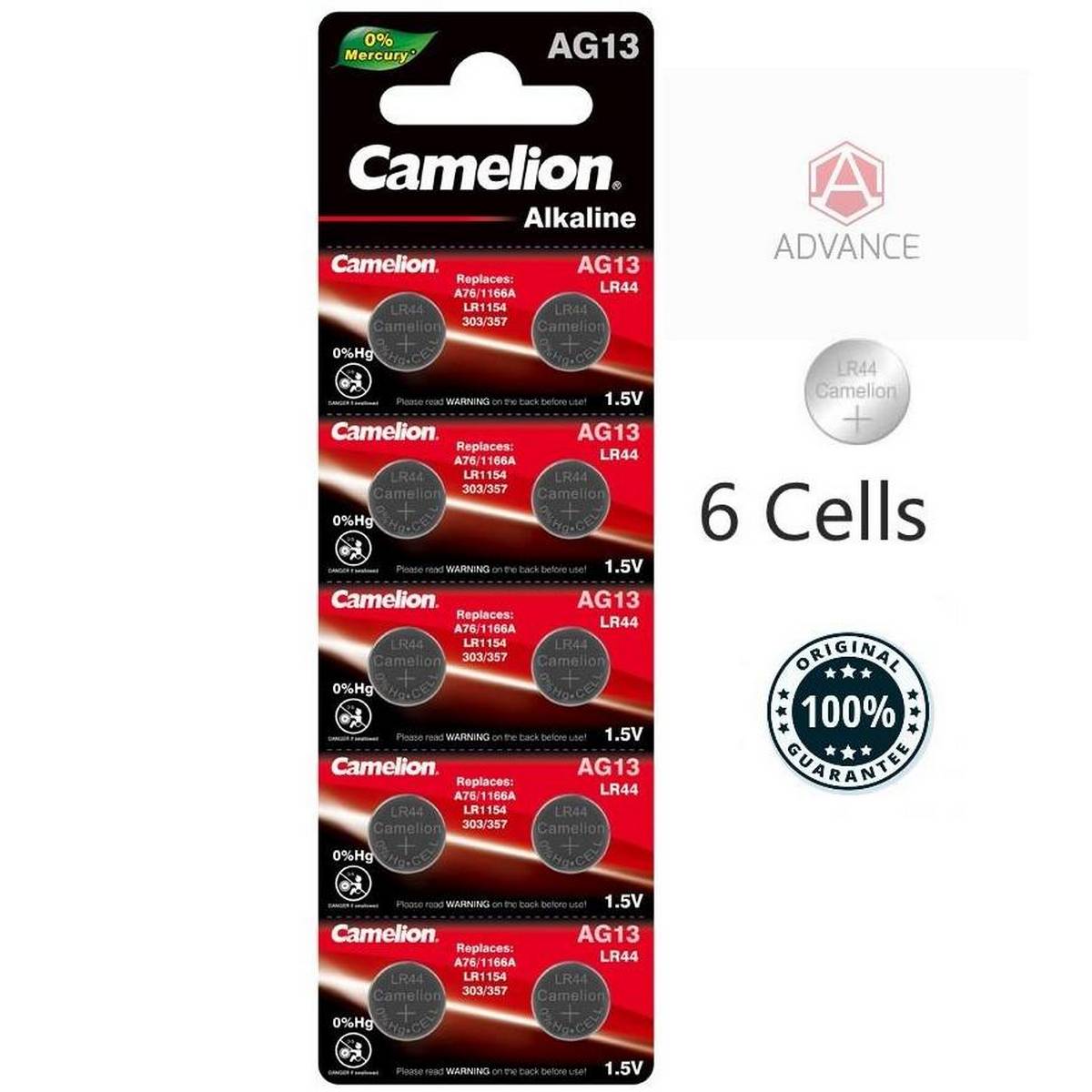 6 x CAMELION 1.5V AG13 LR44 ALKALINE Batteries BUTTON CELLS FOR CALCULATORS WATCHES CAMERA / 303 / 357 / Battery