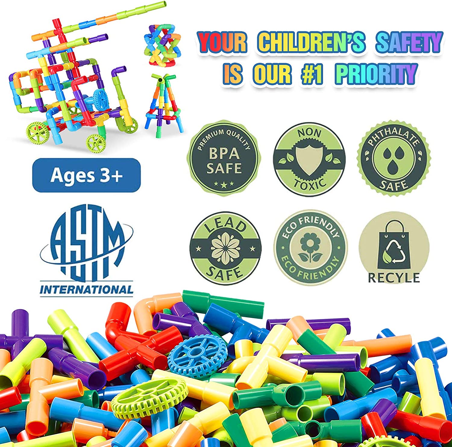 STEM Building Blocks Colorful Pipe Tube Creative Puzzle Construction Set with Wheels