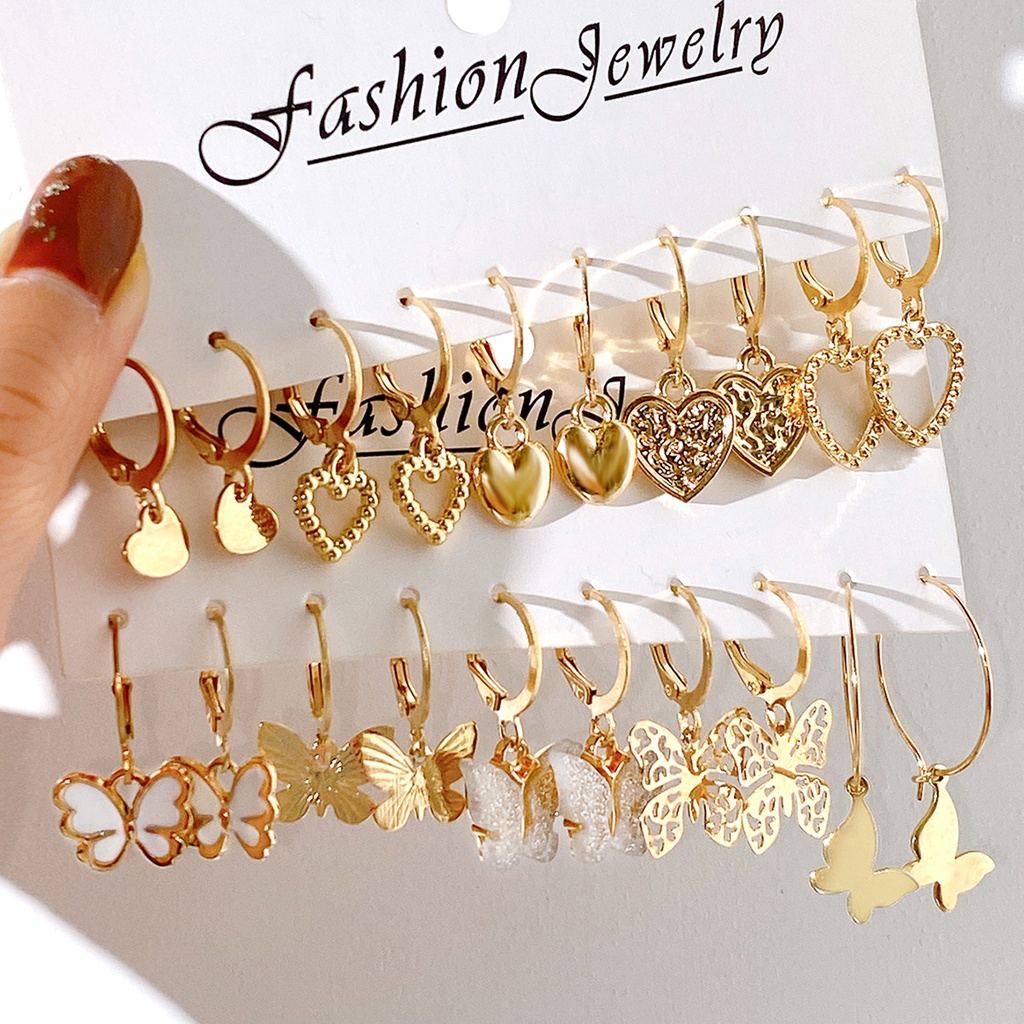 Enacolor 20Pcs Luxury Heart Dangle Earrings Butterfly Earring Set Gold Metal for Women