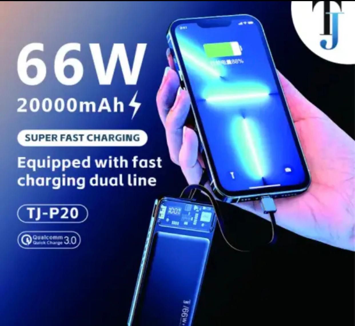 20000 MAH 66W FAST CHARGING TRANSPARENT POWER BANK-POWER BANK FOR ANDROID -Fast charging power bank-Transparent power bank-Portable 66W power bank-Mini fast charging power bank-Large capacity power bank-Power bank-Led Crystal display power bank.