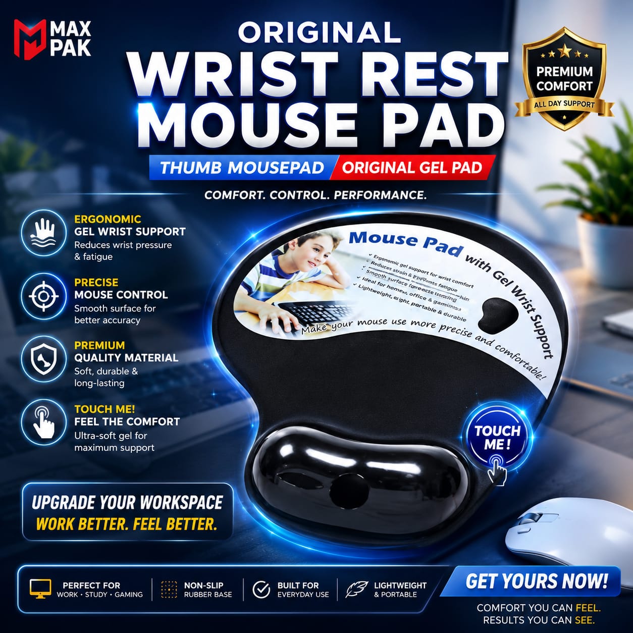 Original Mouse Pad With Cooling Gel & Foam - Thumb Shape Mousepad With Wrist Rest - Washable Mouse Mat & Non Slip