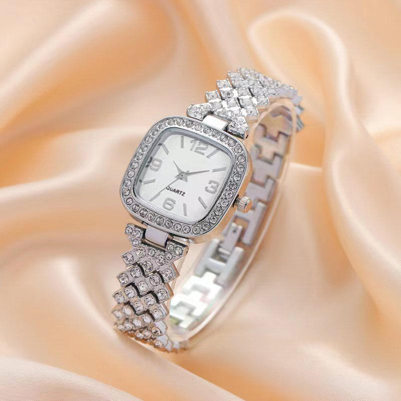 Luxury Rhinestone Women’s Watch Set – Round Dial with Stainless Steel Crystal Chain Strap & Bracelet (2 PCS Gift Set)