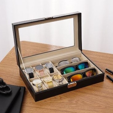 Myle Cart Watch Storage Organizer Box 3/6/10/12 Grids PU Leather Display Case for Watches & Jewelry, Black