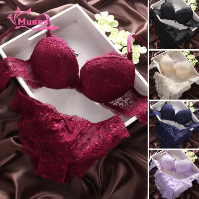 2 Pcs/Set Women Underwear Set Bra Panties Set Lace Push Up Elastic Deep V  Neck Solid Color Soft Padded With Wire Back Closure Intimate