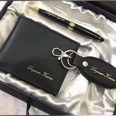 Customized Name Engraved Men's Wallet, Pen & Keychain 3-in-1 Combo Gift Box Set - Personalized Premium Corporate Accessory Kit for Men, Boss, Husband, Teacher