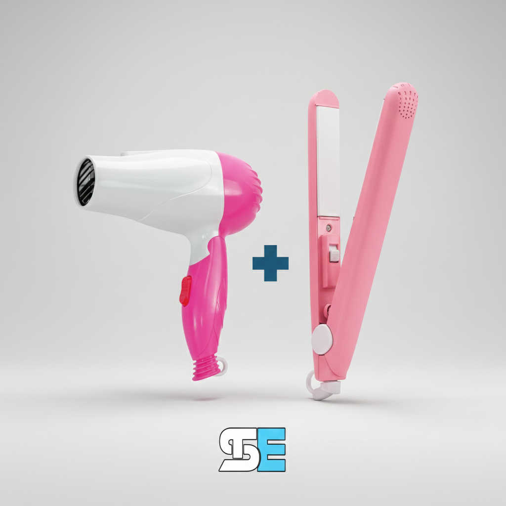 2 in 1 Mini Foldable Hair Dryer & Mini Hair Straightener Combo for Girls | Portable Travel Hair Styling Kit | Compact Folding Blow Dryer + Mini Flat Iron | Salon Style Hair Care Set for Women