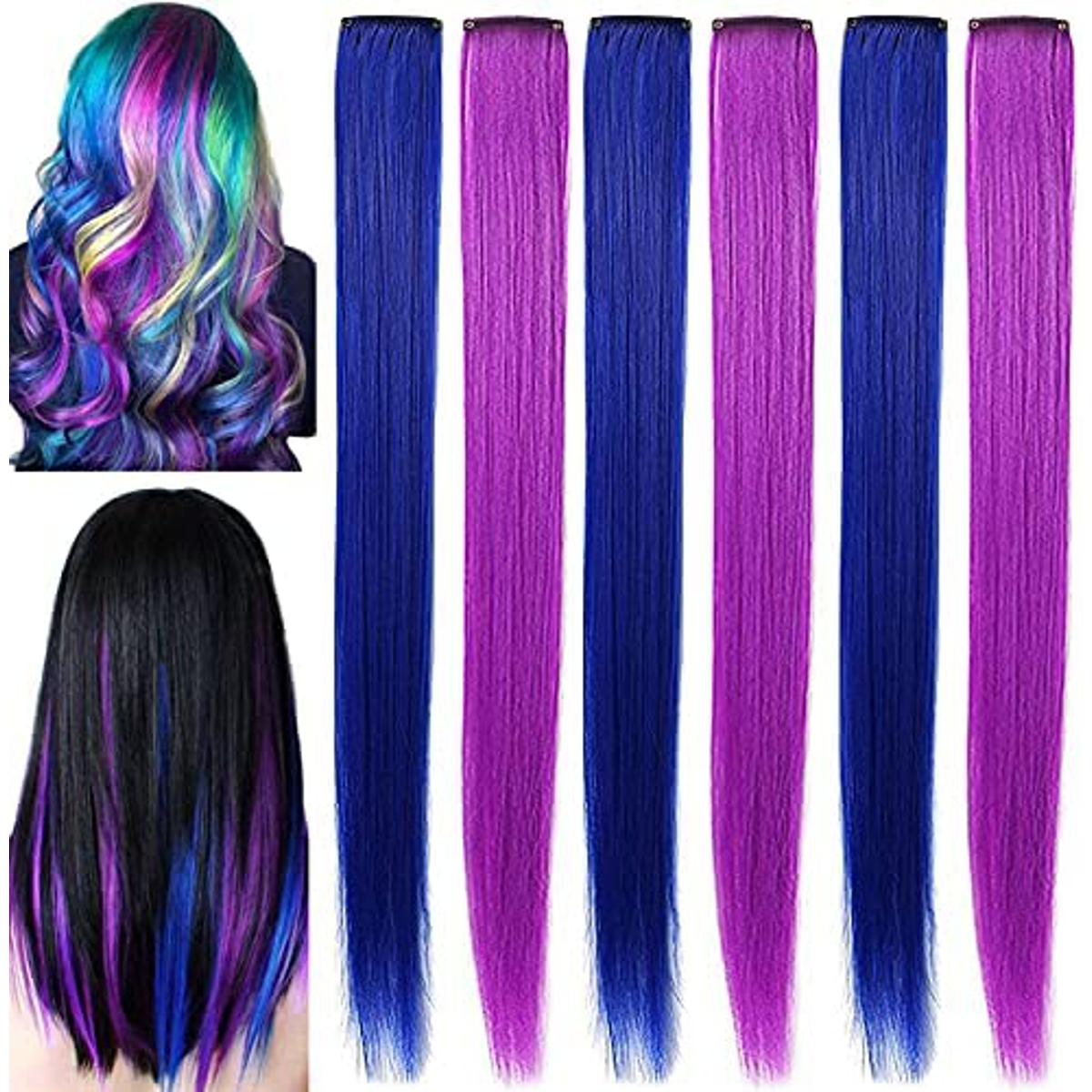 6 Pcs Hair Extensions for Women Blue & Purple
