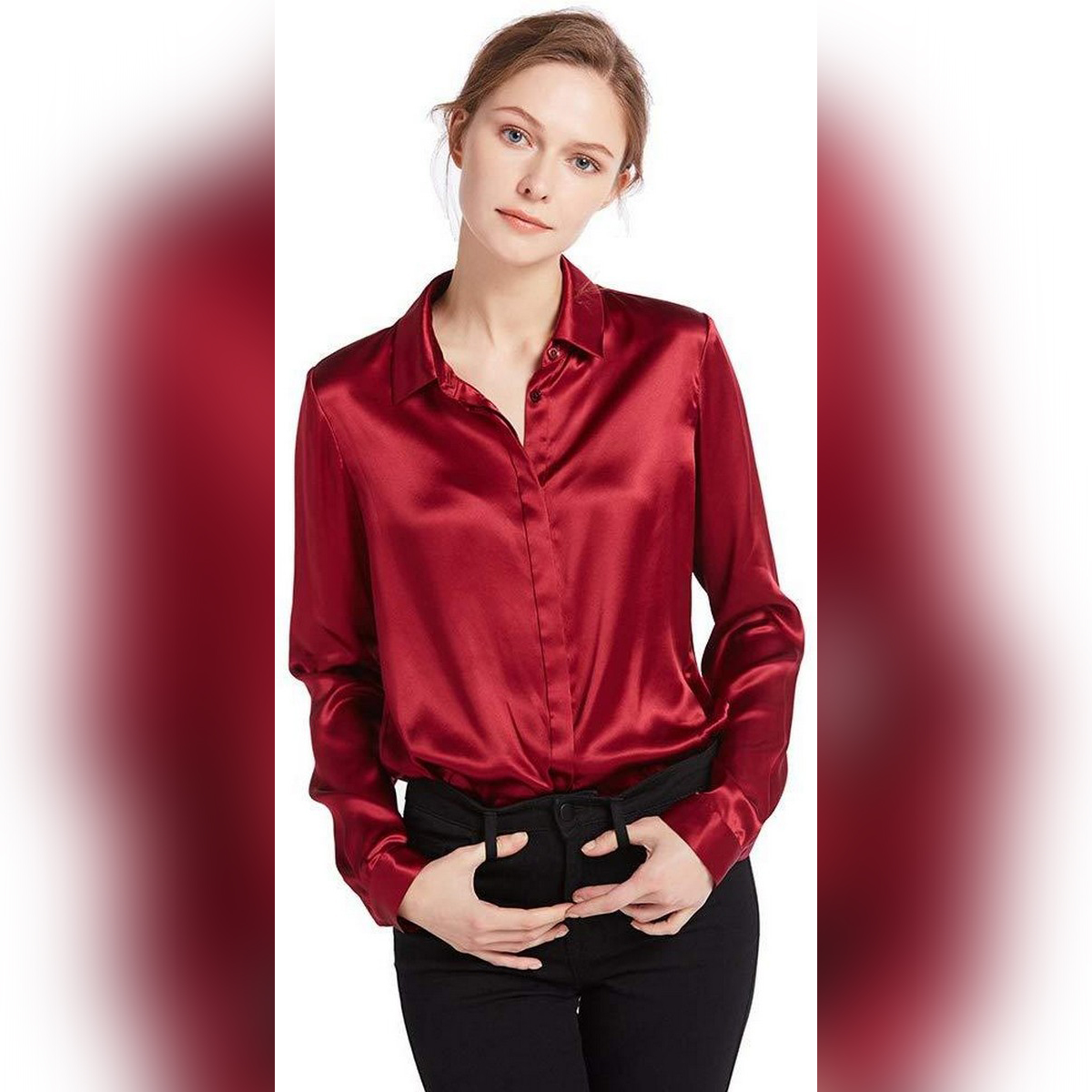 Lily Silk Red Blouse Long Sleeve Shirt 
