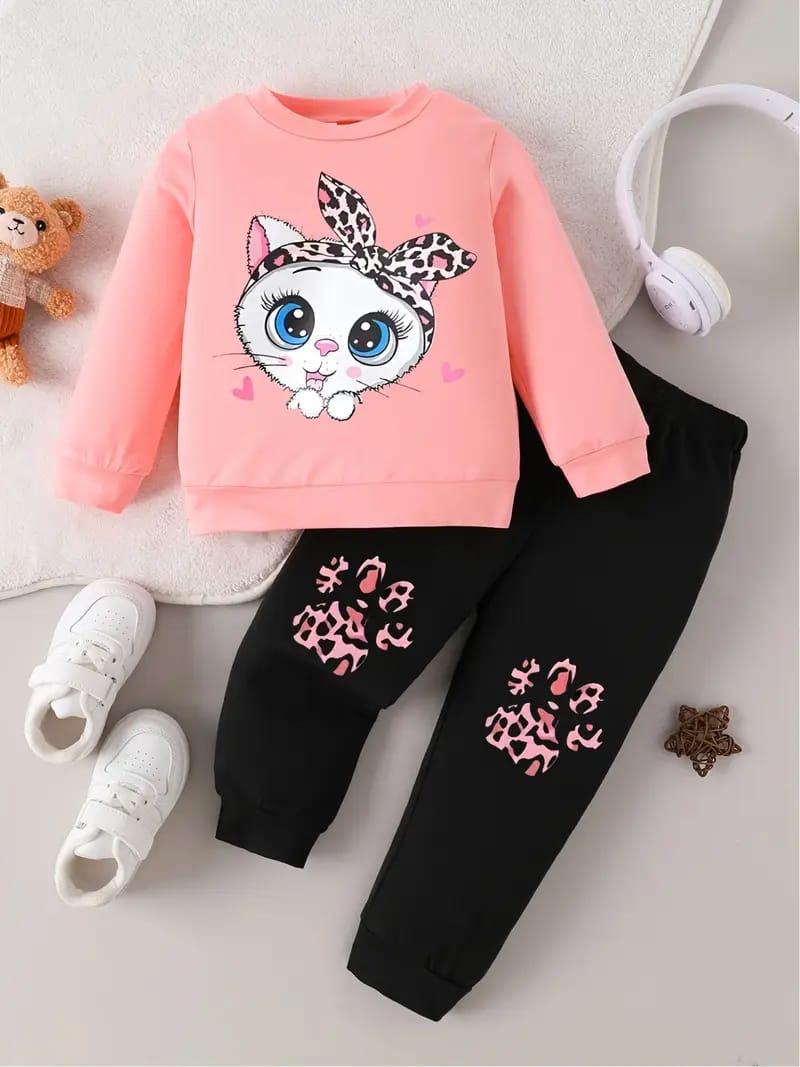 Pink Cute Cat Printed  Fleece Winter Kids Tracksuit For Girls