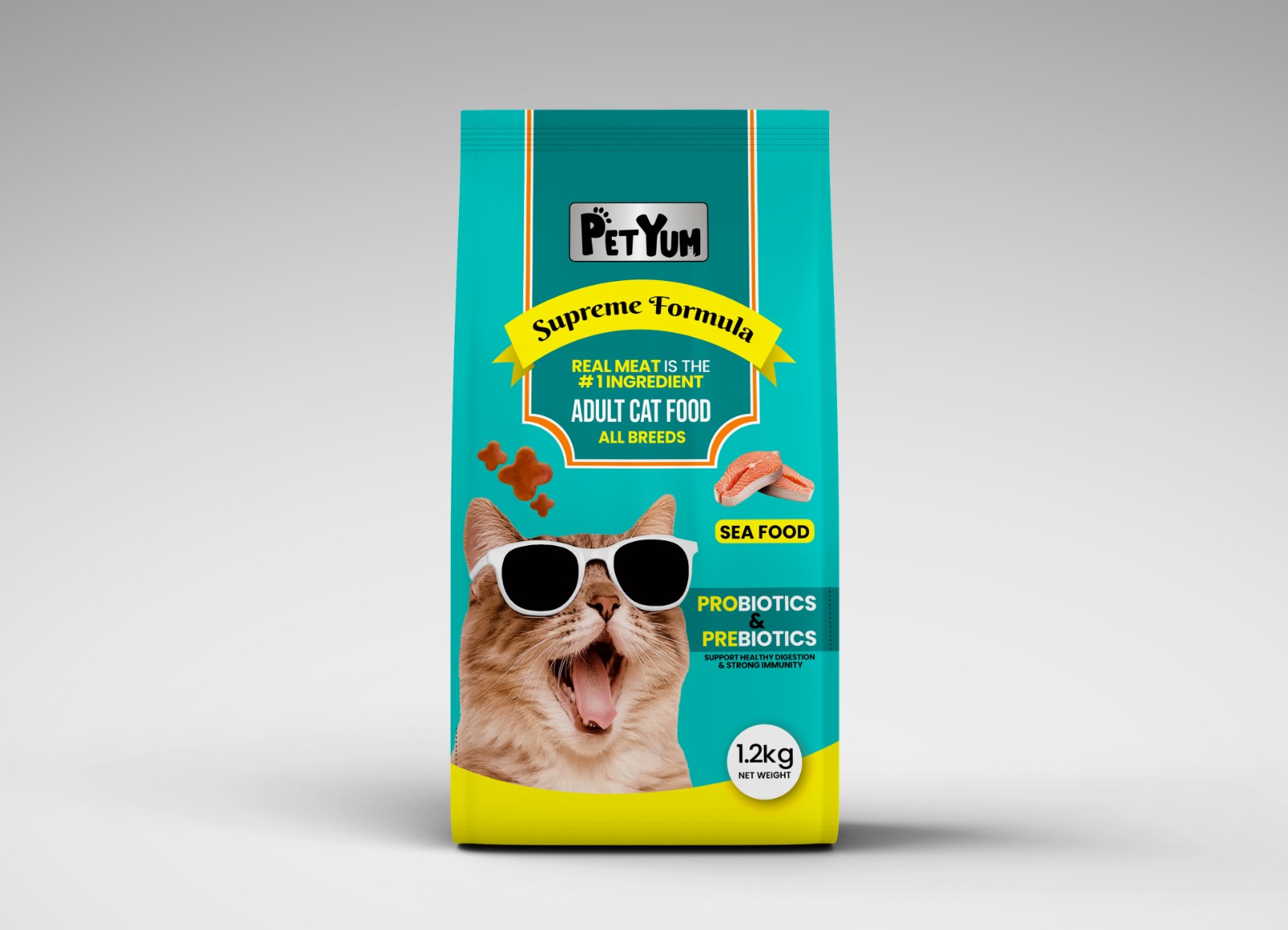 Petyum Cat Food 1.2kg Premium Adult Dry Cat Food Seafood Flavor | Real Meat Cat Food with Probiotics & Prebiotics | Complete Balanced Nutrition for All Breeds | Healthy High Protein Cat Kibble | Premium Cat Food | Cat Food Pakistan