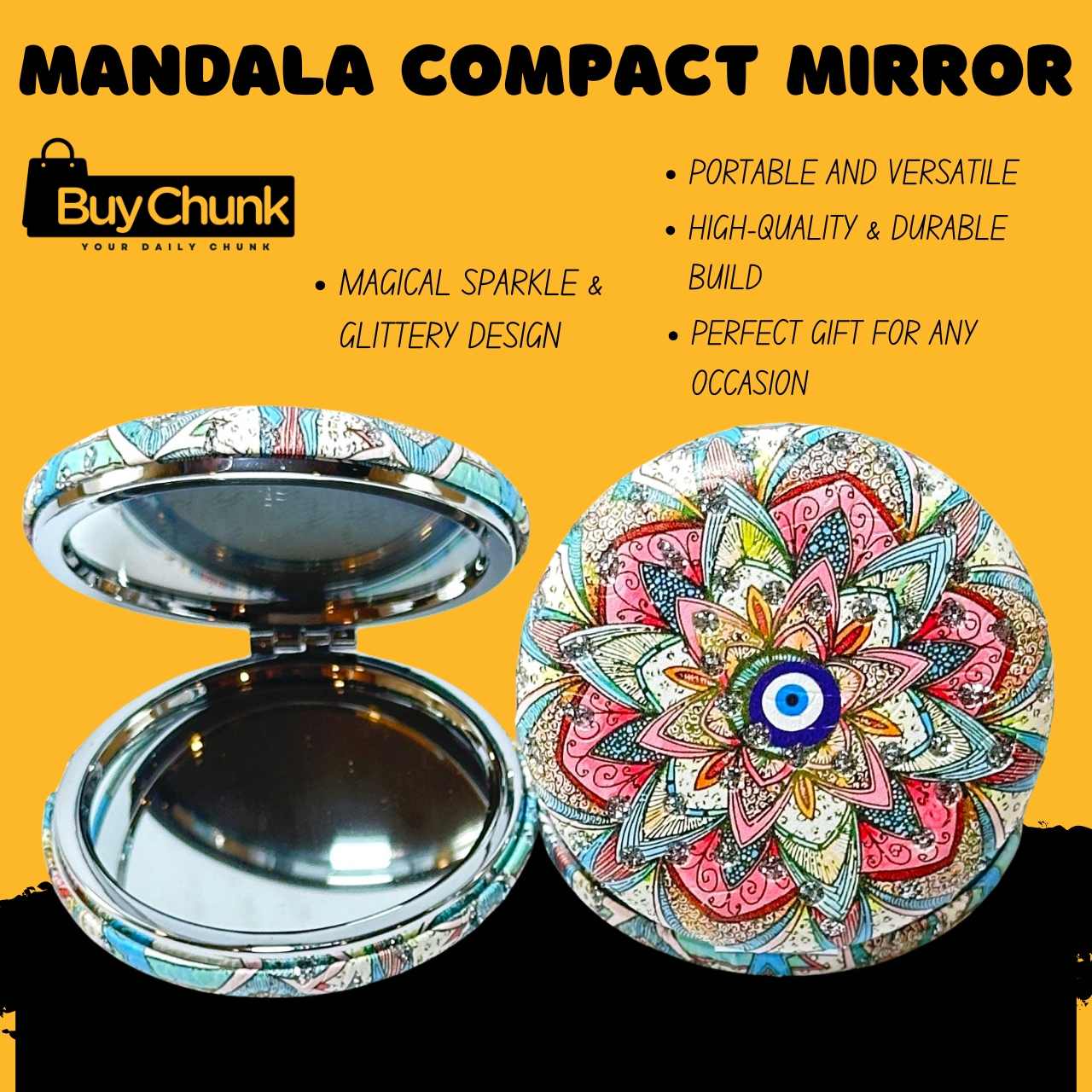 Mandala Compact Mirror with Glitter Design | Stylish Mandala Design for Everyday Use | Dual-Sided Compact Makeup Mirror for Women | Perfect Gift Idea