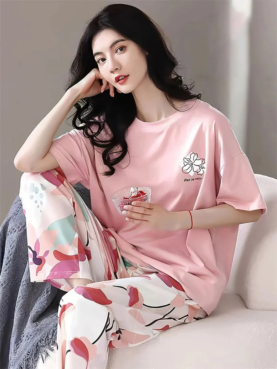 Women's Premium Soft Cotton Jersey Lingerie Set - 2 Piece Comfortable Printed Sleepwear - Cute Bunny & Floral Graphic Top & Pajama Set (S to XL)