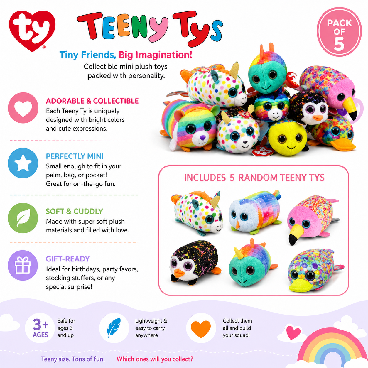 Ty Teeny Tys Plush Toys (Pack of 5) 7cm Cute Collectible Mini Stuffed Animals for Kids