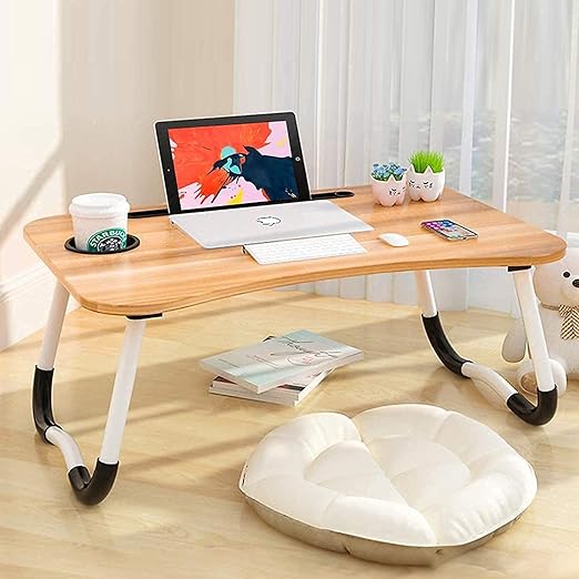 Wooden Gaming Laptop Table For Bed Foldable Stand Ergonomic Portable Drawing Notebook Reading Food Breakfast Serving With Inbuild Tablet And Cup Holder Slots Couch Black, light Brown , Dark Brown