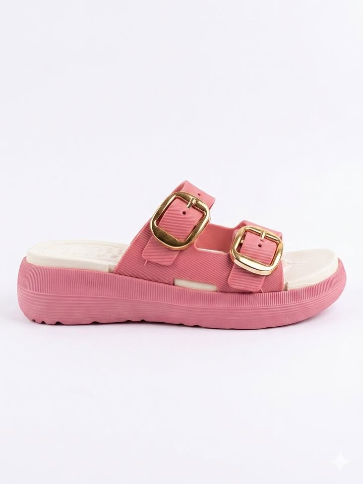 Women Double Buckle Sandals Casual Soft Platform Slippers Trendy Stylish Chappal for Girls Comfortable Summer Footwear Ladies Slip On Slides Fashion Wedge Sandals Lightweight Indoor Outdoor Pink