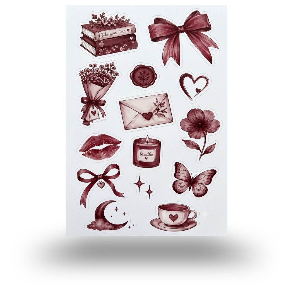 Dark Red Aesthetic Sticker Sheet | Journal Aesthetic Stickers - Uncut and A6 Sized (10x15cm) Art for Laptops, Journals, and More - Express Yourself Creatively for Girls and Boys