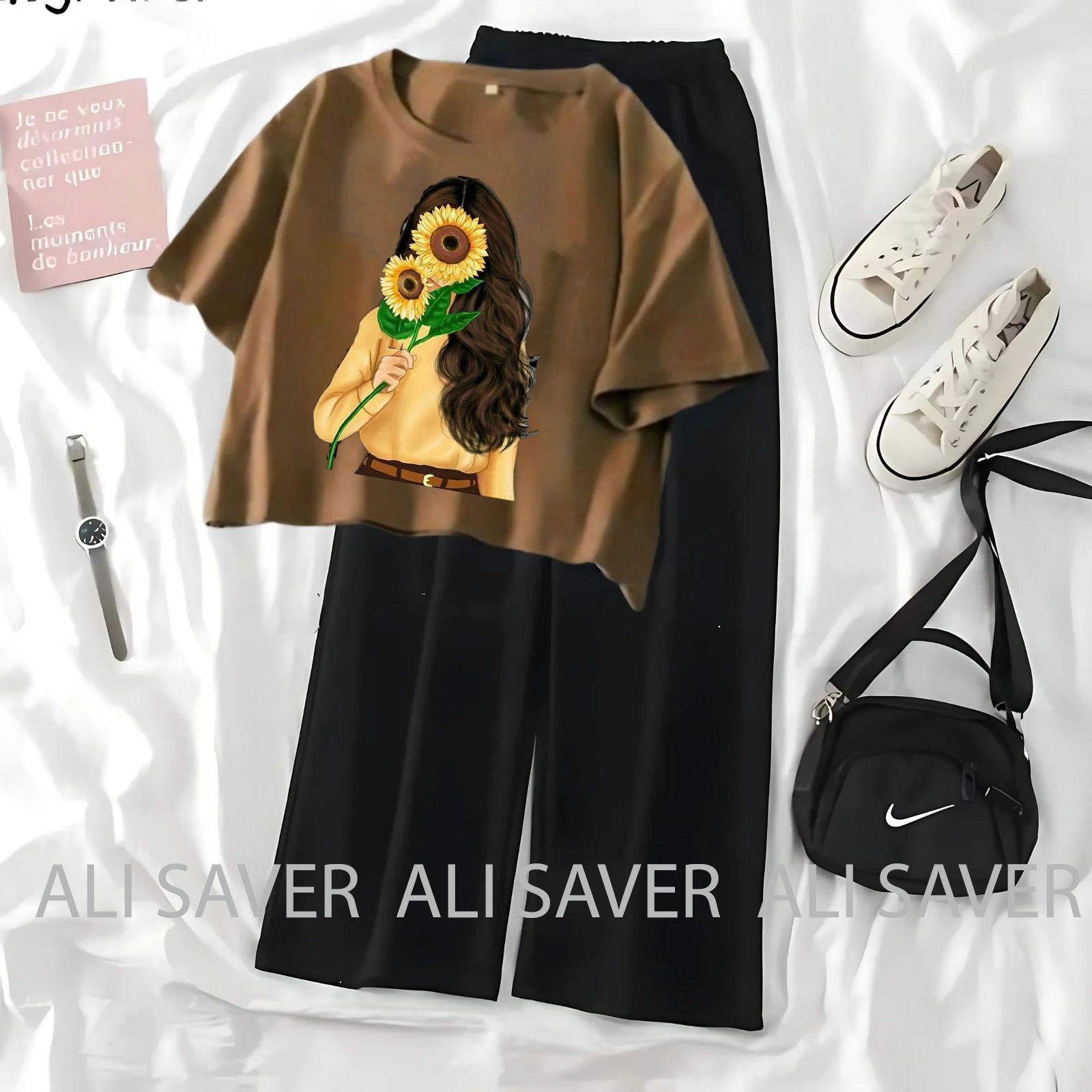 ALISAVER-Crop Top Casual Suit For Women and Girls High Quality Tshirt and Black Flapper