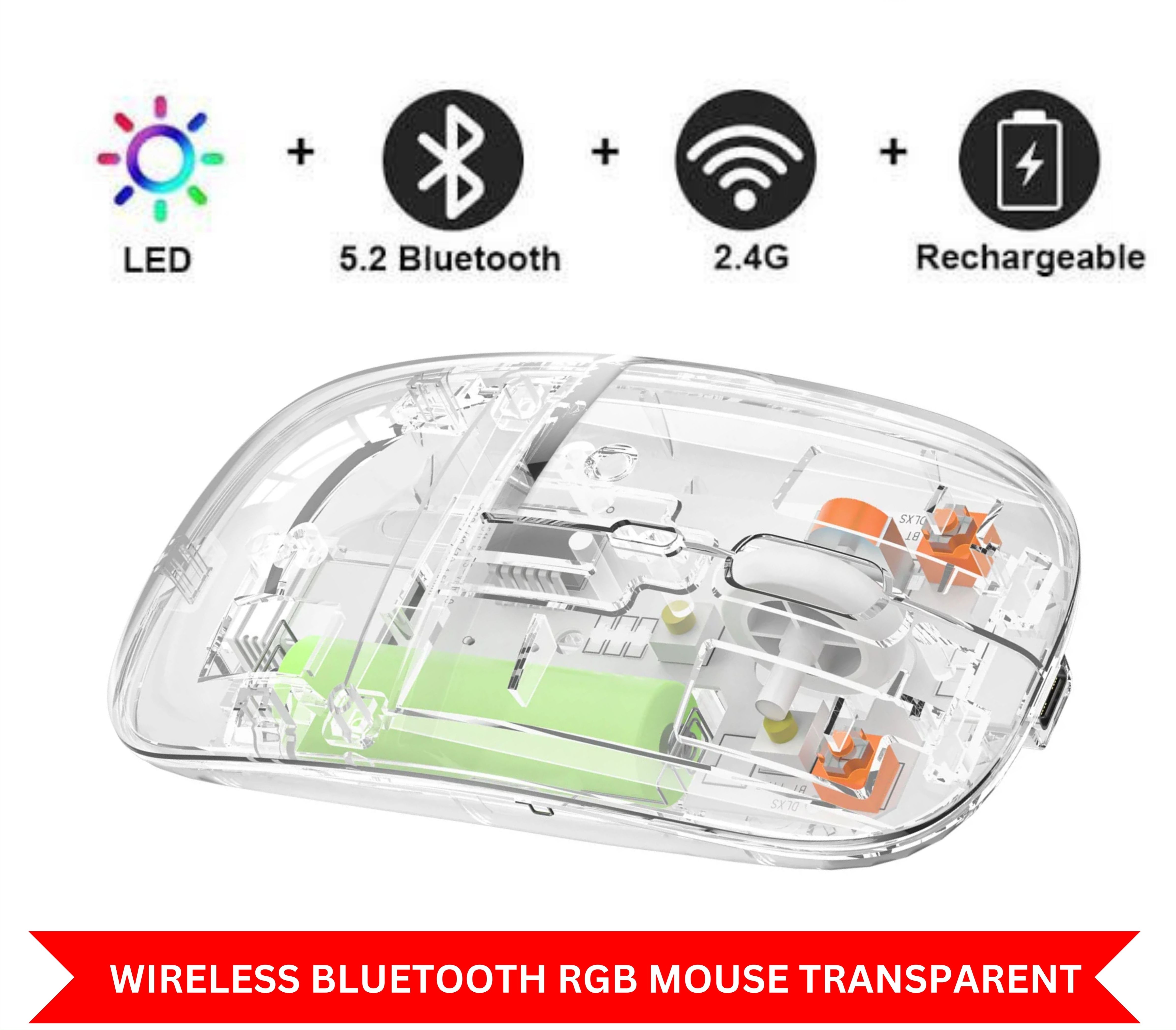 Type C Transparent Rechargeable Wireless Mouse Ultra Slim Gaming Mouse RGB Dual Mode 5.1 Bluetooth Mouse Rechargeable Battery Gaming RGB USB Wireless Optical Mouse With Silent Clicks 2.4G Backlit Mice Mouse For Pc Laptop, Computer, MacBook, iPad, Smart TV price in Pakistan
