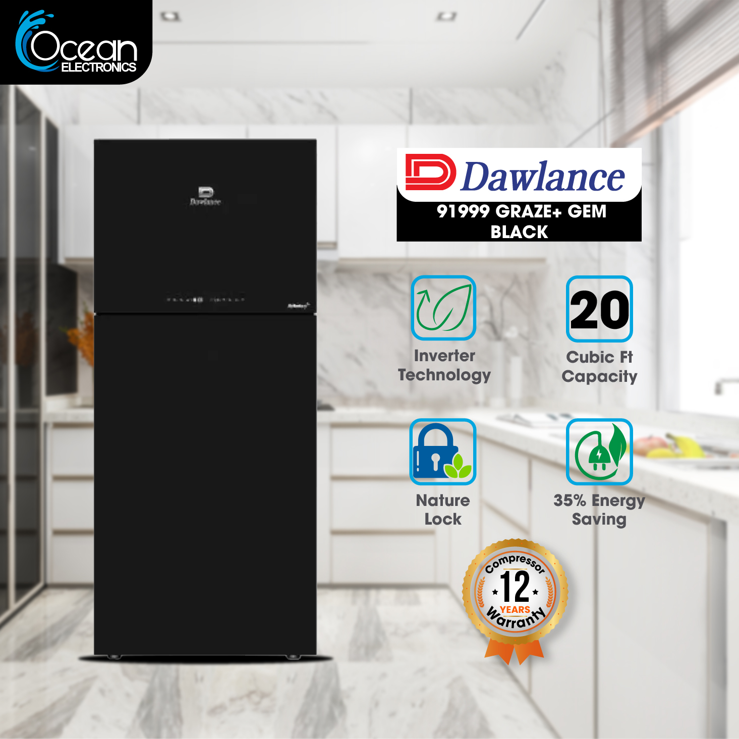 Dawlance 91999 Graze+ Gem Black Refrigerator - 20 Cu.Ft Large Size Jumbo, Inverter & Vitamin Fresh Technology