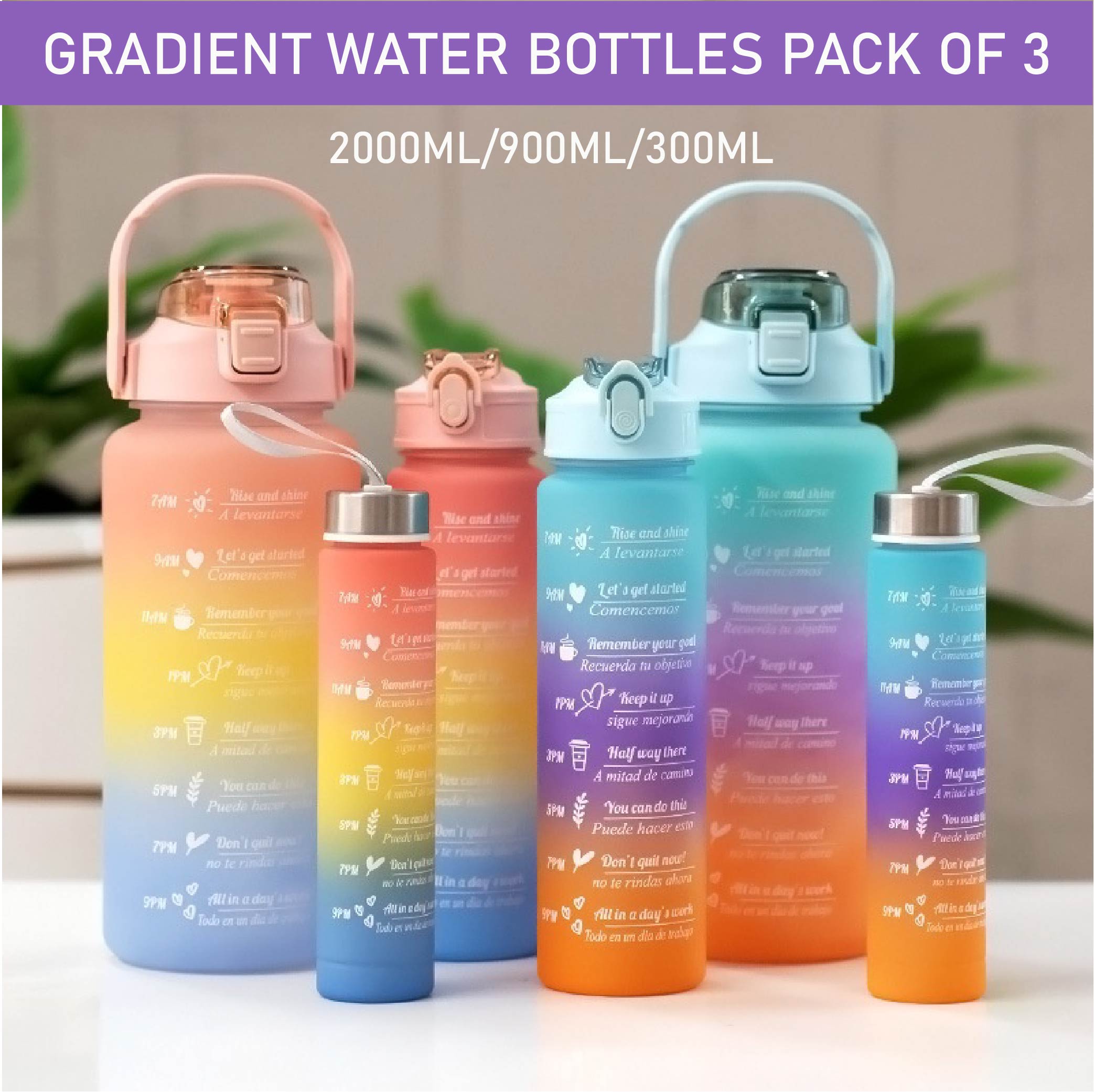 Gradient Motivational Water Bottle Pack of 3 Leakproof BPA Free Reusable Bottles With Straw Time Marker Fitness Gym Sports Water Bottle Set Portable Drinking Bottles for Travel Office Outdoor Daily Hydration Lightweight Durable Bottles