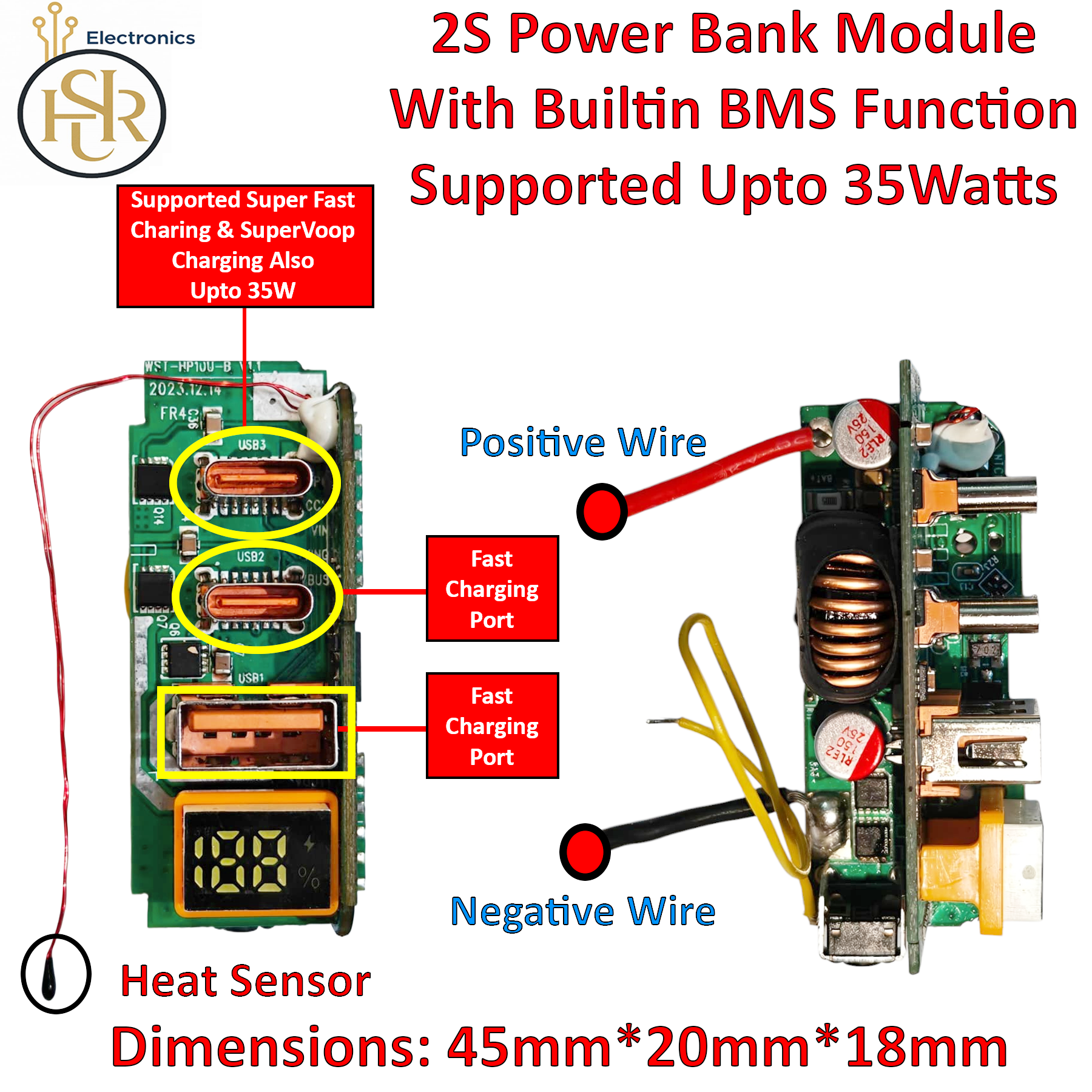35W 2S Power Bank Module QC 3.0 Supported Built-In Bms Function Charging Module With Connected Wire & Heat Sensor Supported Super Fast Charging & SuperVooC Charging