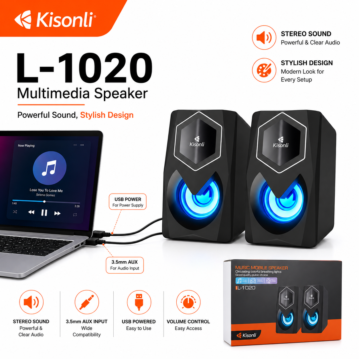 Kisonli L-1020 RGB USB Speakers - Compact Multimedia Cube Loudspeakers for LED, Laptop, Desktop PC & Mobile - Plug and Play High Volume Stereo Sound - Fousion of RGB Lights and Sound -  Kisonli Speakers