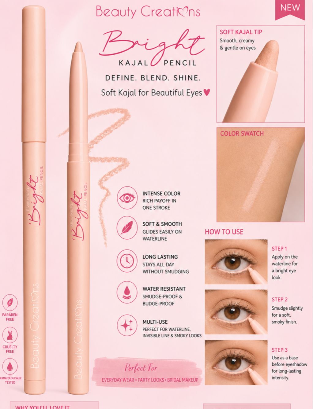 3 in 1 Eyes Kajal Pencil | Waterproof Long Lasting Eyeliner | Black White Nude Eye Pencil for Waterline, kajal stick