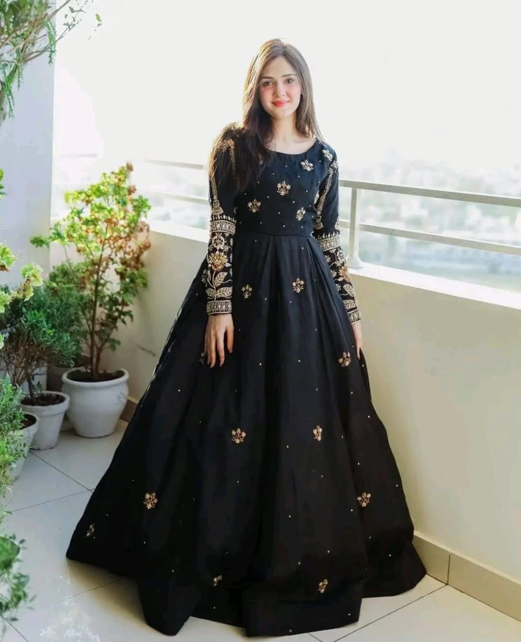 Women Dresses Collection -- Maxi Dresses For Girls Fancy Long Wedding -- Sequence Boti With Thread Zarri Work On Sleeves, Front Body Maxi With Trouser 2 Piece -- Designer Suit -- Ready To Wear -- Women And Girls