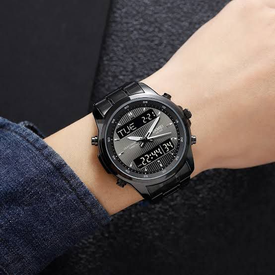 Premium Dual Time Men’s Digital Analog Watch – Steel Chain, Water Resistant, Full Function Display