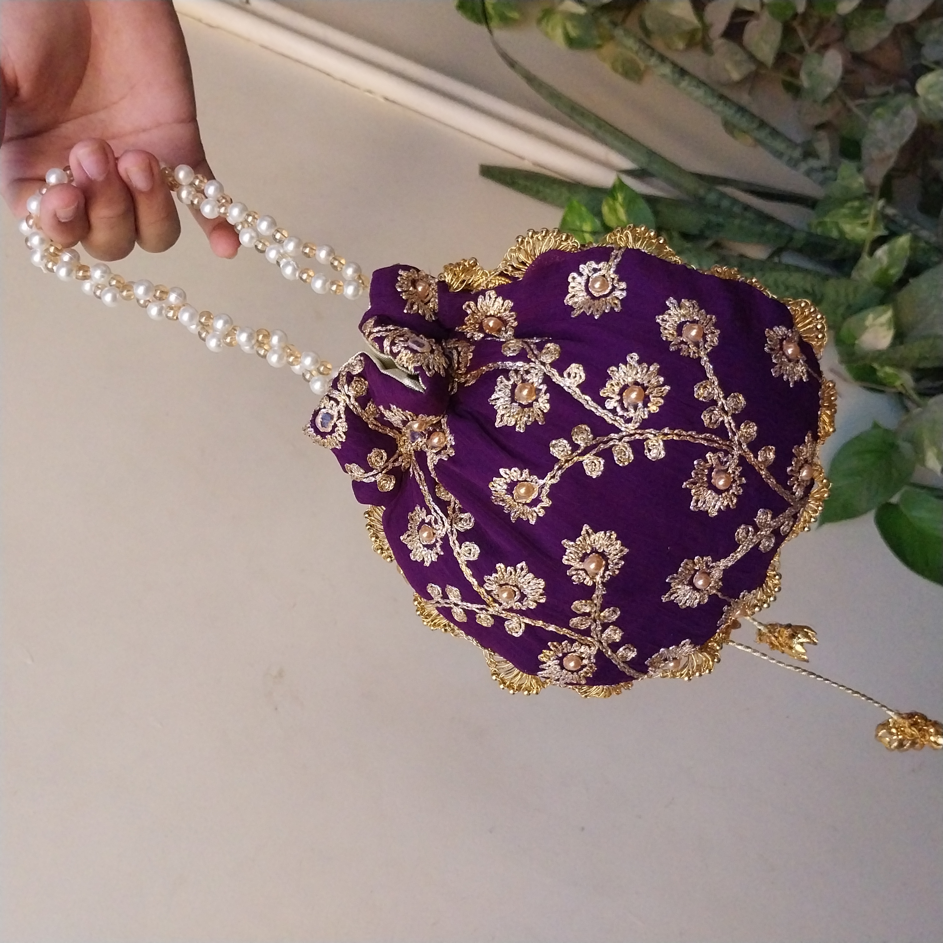 Embroidered Potli Clutch Bag with Pearl Handle for Party Wear