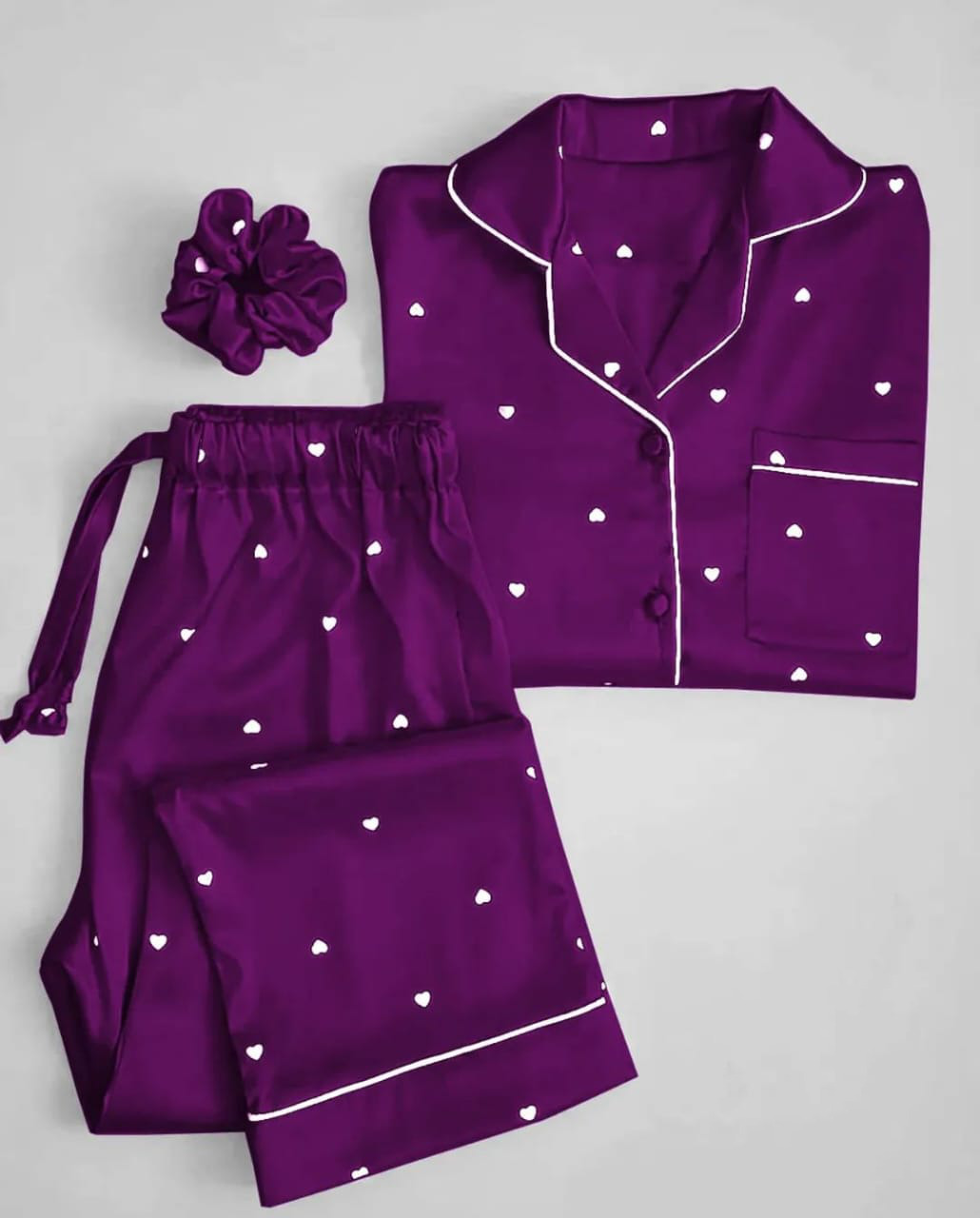 Hearts Printed Ladies Silk Night Suit For Women (Sleep Wear) 2-Piece Shirt & Trouser Night Dress For Girls