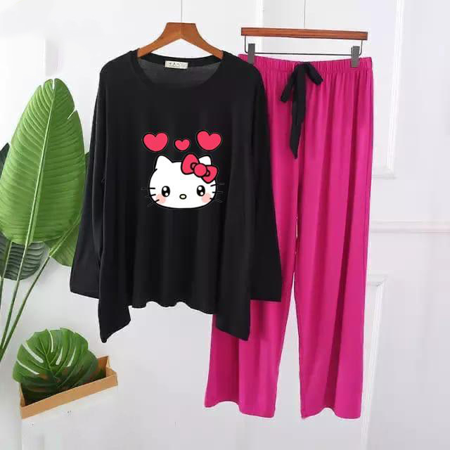 Cute Cat Printed Two Piece Full Sleeves Lounge Wear Night Suit with Extra Wide Pajamas - Stylish Sleepwear Set For Women & Girls, Premium and Comfy stuff for all season dress for women, nght wear, long t-shits top tank, trouser, pajama