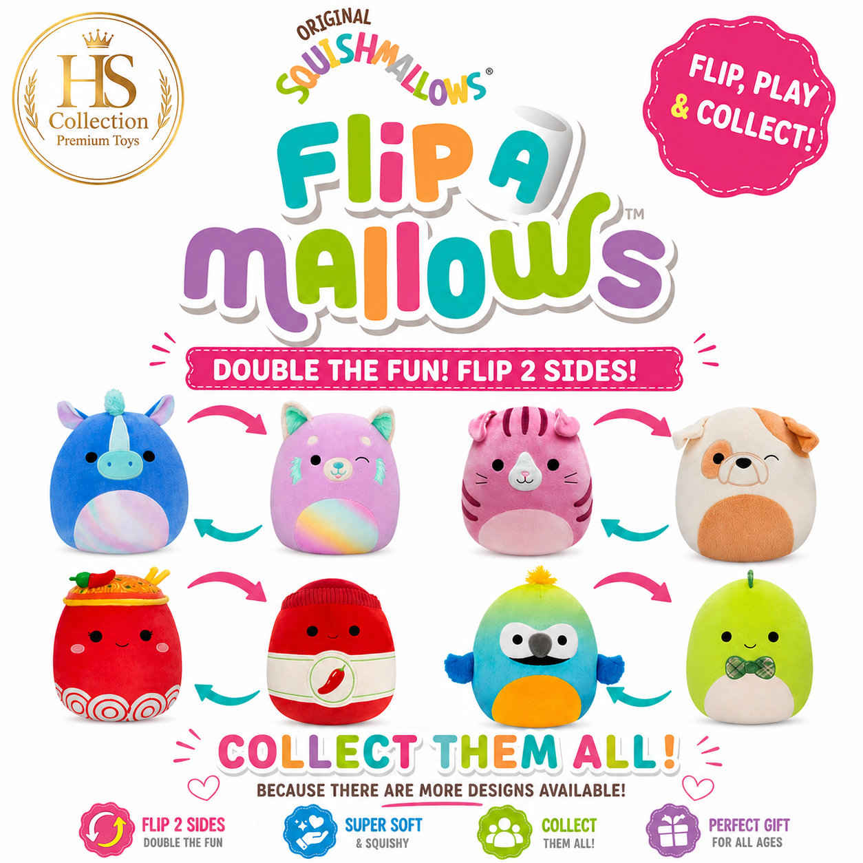 Original Squishmallows Flip-A-Mallows Plush Toy - Reversible Soft Stuffed Animals - Perfect Collectible Gift for Kids