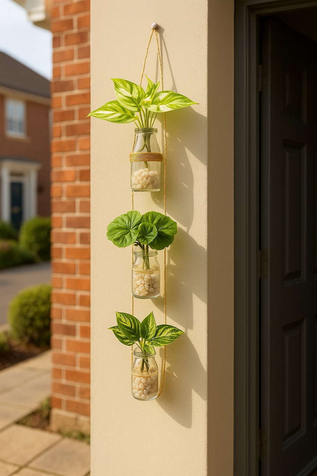 Hanging Bloom Bottles Wall Decor with Artificial Plants, Jute Rope and Decorative Stones