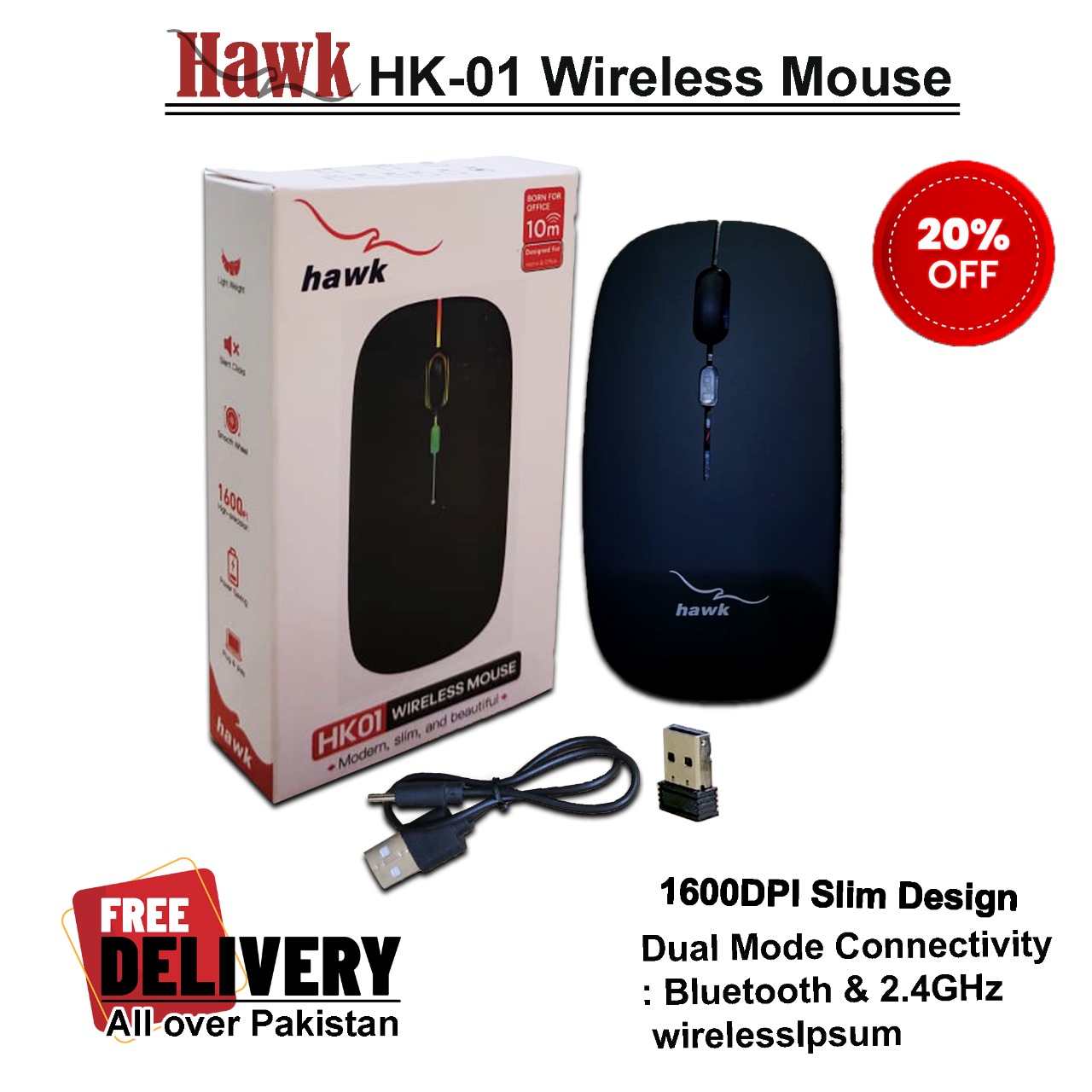 Hawk Computer Mouse Hawk HK01 Wireless Mouse – Slim Silent Click, 2.4GHz Lag-Free ...