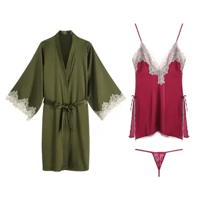 Three Piece Silk Lingerie for Women V-Neck Lace Sleepwear Brief Underwear  Robes Pajama Set 
