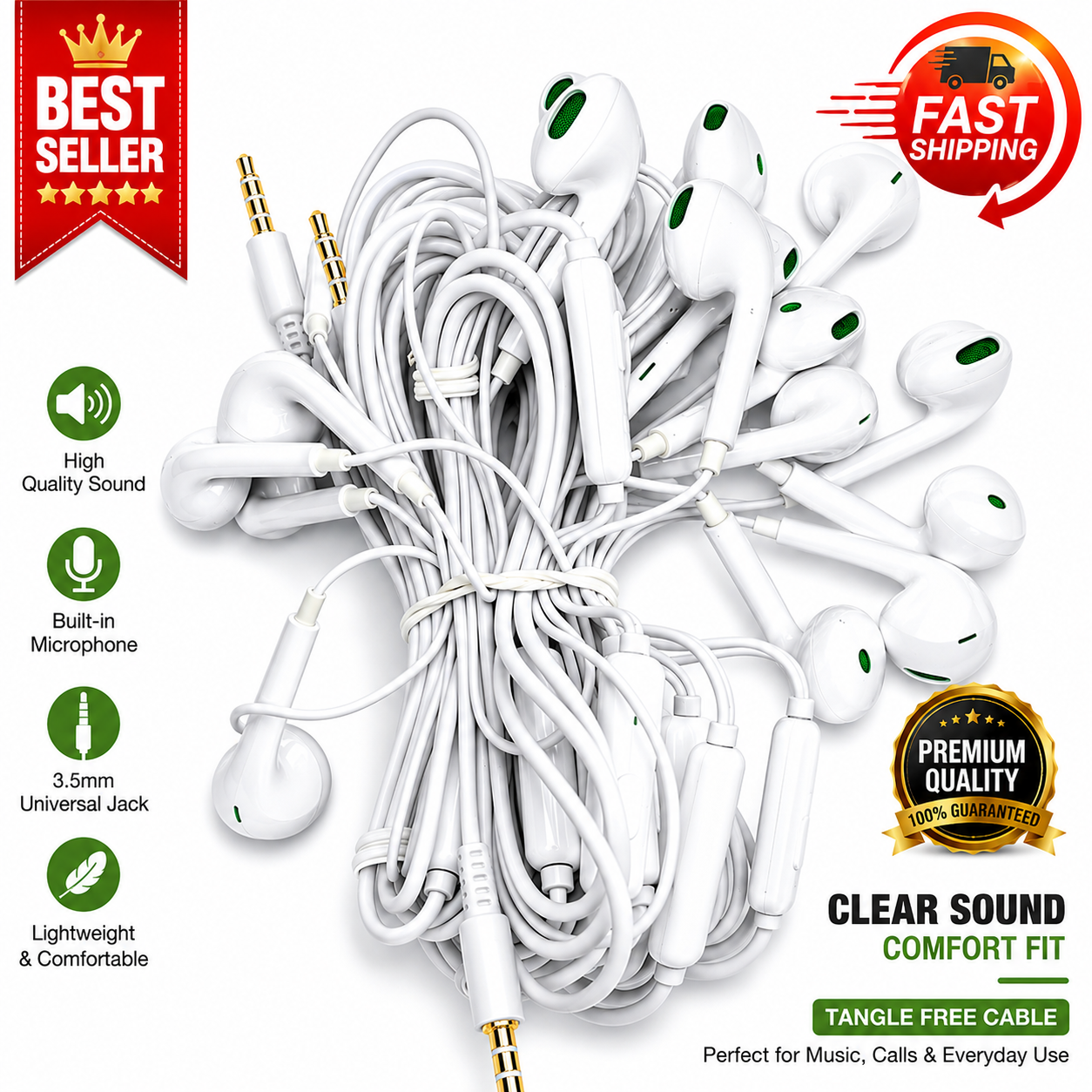 Wired Earphones 3.5mm Stereo Handsfree Earbuds with Mic, Powerful Bass Clear Sound, In-Ear Headphones with Microphone, Universal AUX Jack for Android Mobile Phone