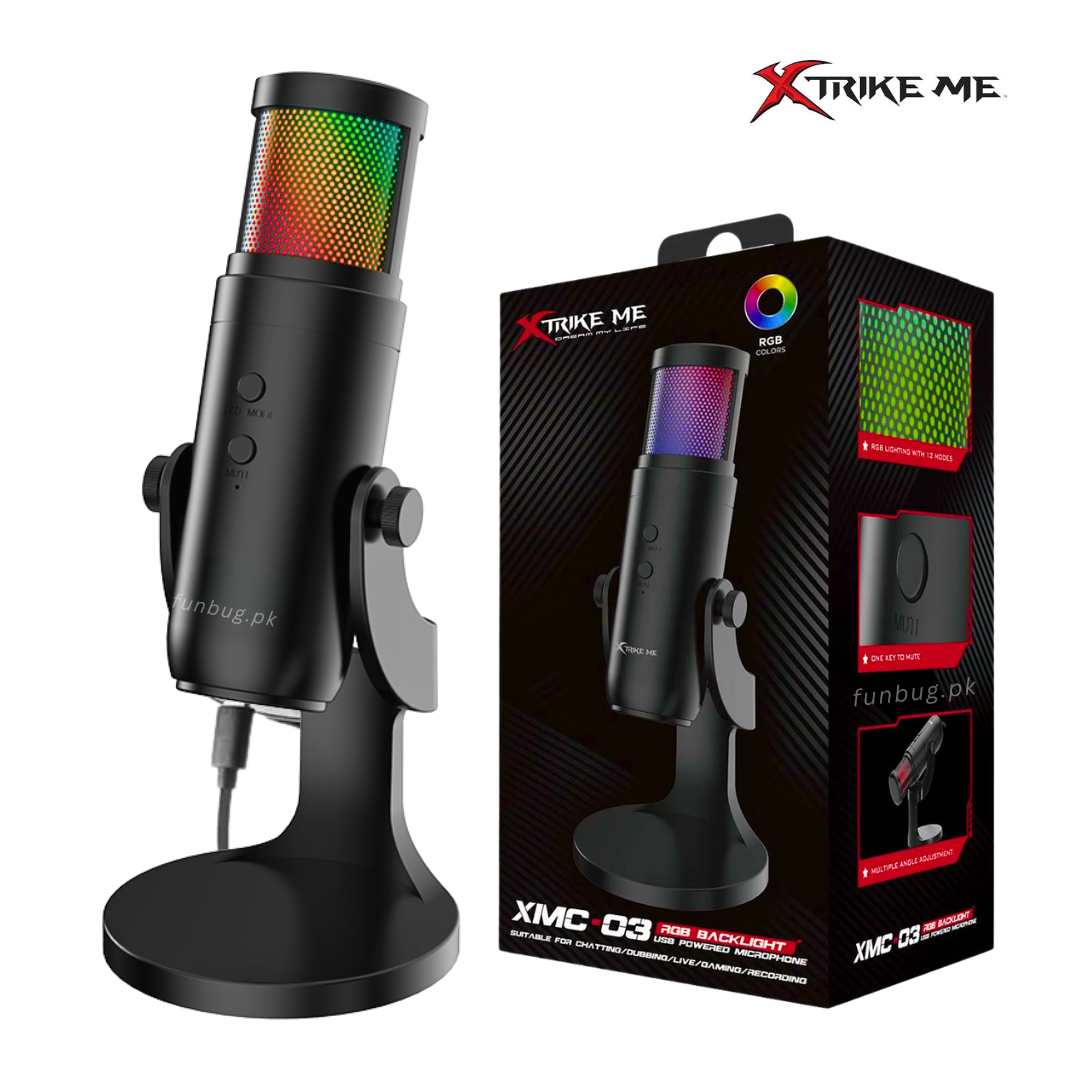Xtrike-Me Professional Condenser Microphone for Studio Recording - USB Powered Omnidirectional Dynamic Gaming Mic for Mobile, PC, Desktop, Podcasting, Live Streaming, Singing, ASMR, Youtube - 12 RGB Lighting Modes - 360° Rotatable Body - XMC03 by FunBug