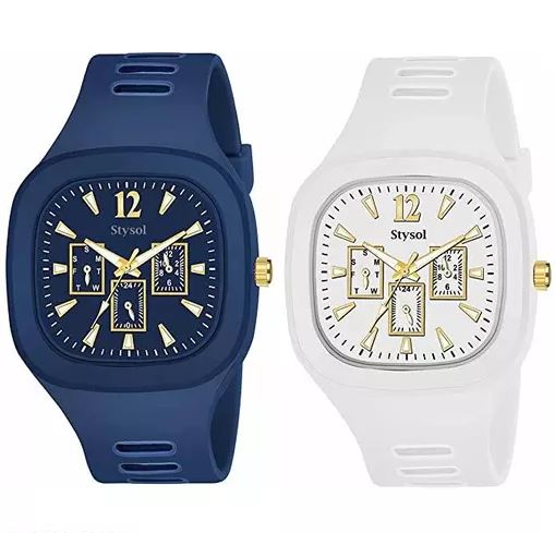 Pack of 2 Stylish Square Dial Smooth Silicon Straps Casual Watch Stylish Analog Watch for Boys Men's
